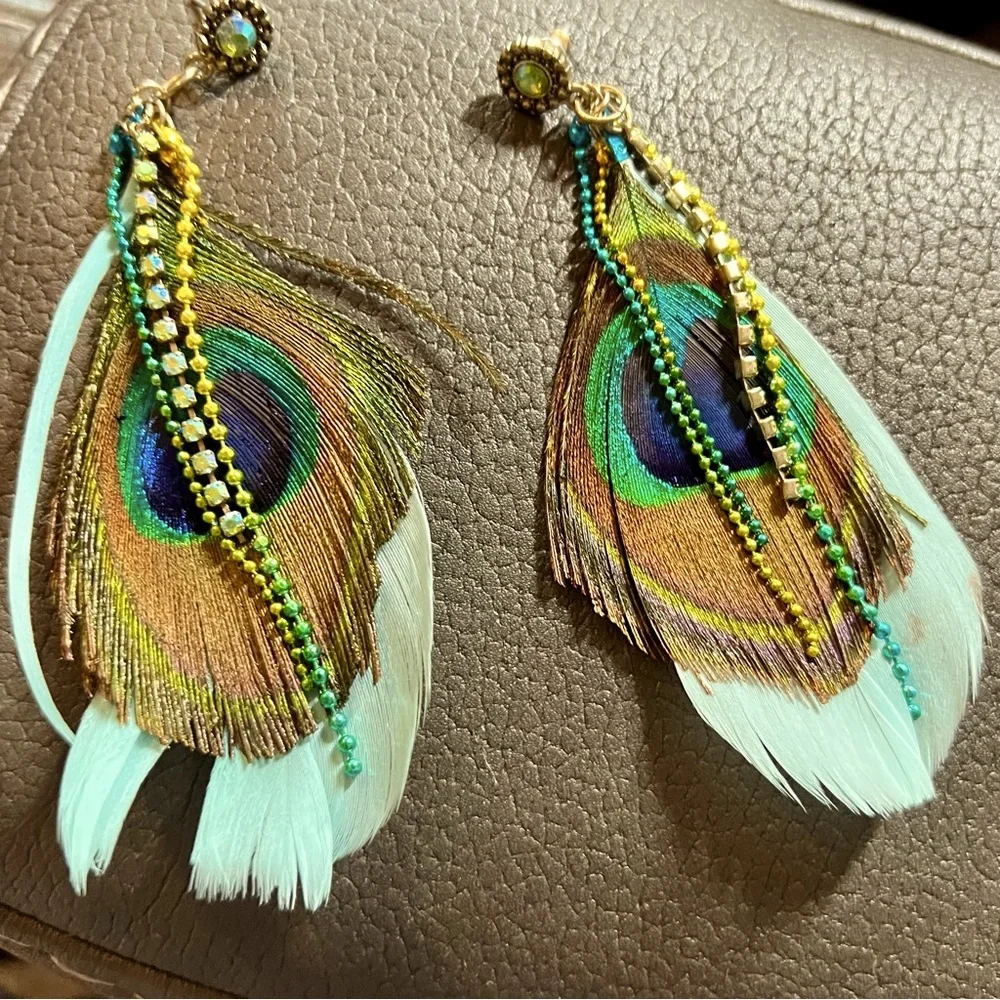 Tiffany blue and peacock feather dangle drop earrings with rhinestone tassels